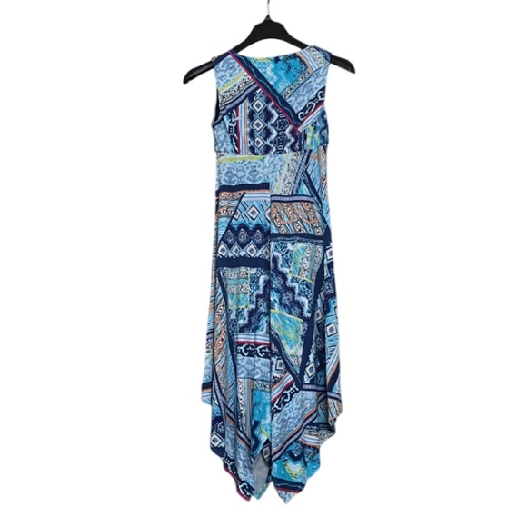 Chicos Long Sleeveless Dress Blue Abstract Asymmetrical Hem Small (4) Chicos 0 - Picture 3 of 13